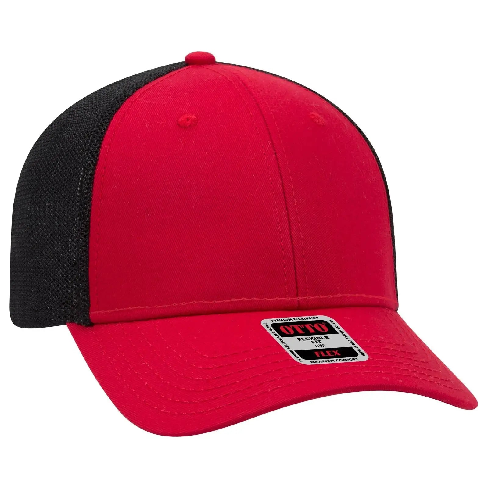 OTTO 135-1230 ’OTTO Flex’ Fitted 6 Panel Low Profile Mesh Back Trucker Cap - Red/Red/Blk