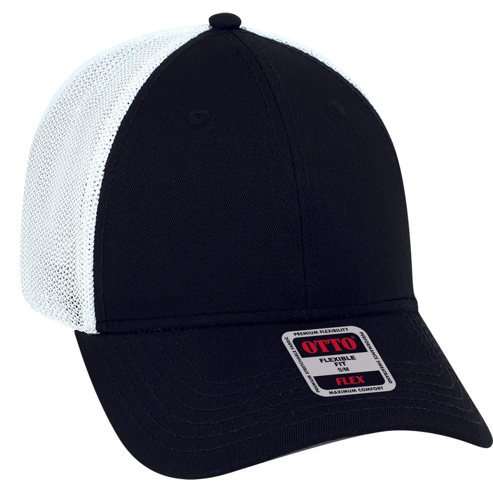 OTTO 135-1230 ’OTTO Flex’ Fitted 6 Panel Low Profile Mesh Back Trucker Cap - Blk/Blk/Wht