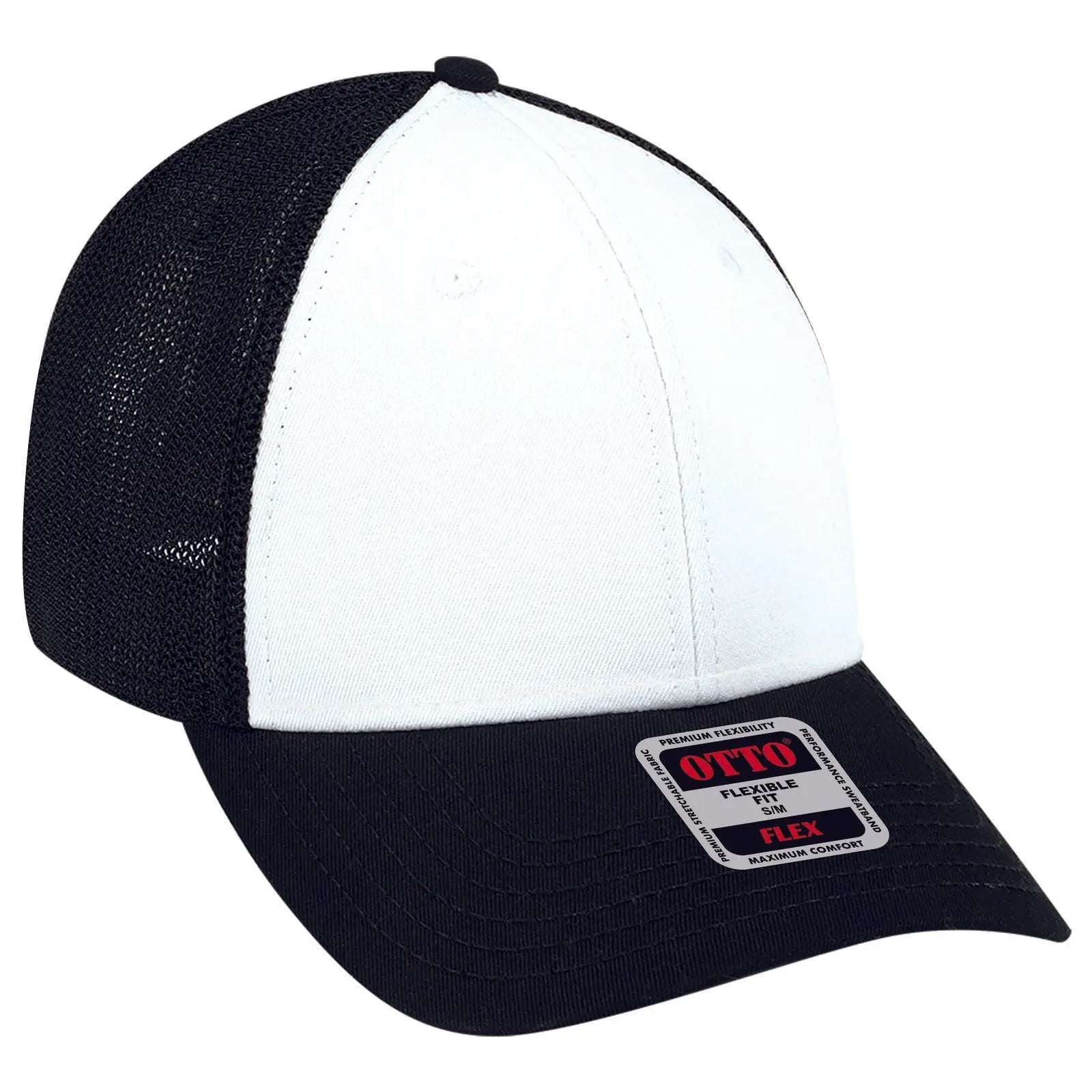 OTTO 135-1230 ’OTTO Flex’ Fitted 6 Panel Low Profile Mesh Back Trucker Cap - Blk/Wht/Blk