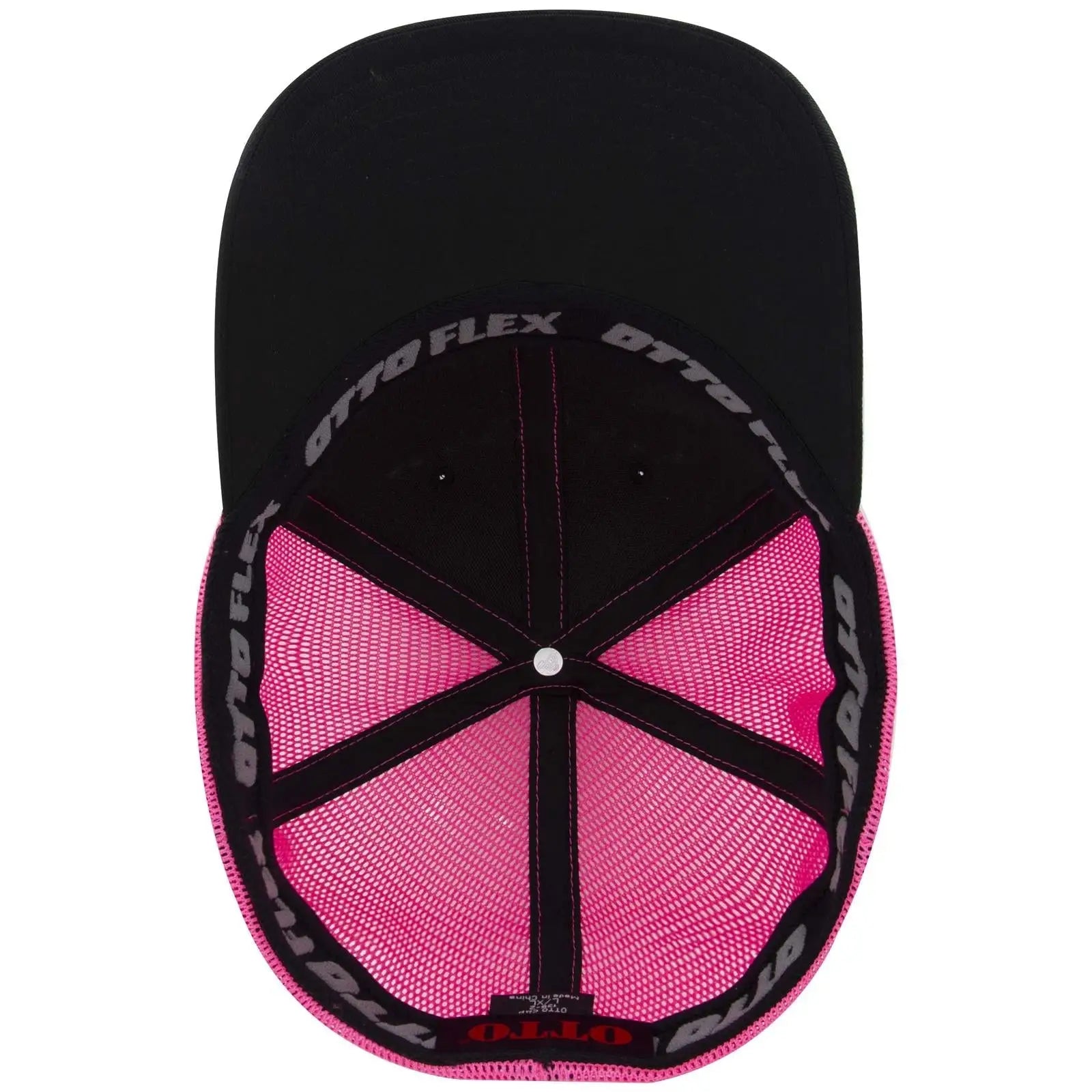 OTTO 135-2 ’OTTO Flex’ Fitted 6 Panel Low Profile Mesh Back Trucker Cap - Blk/Blk/N.Pnk
