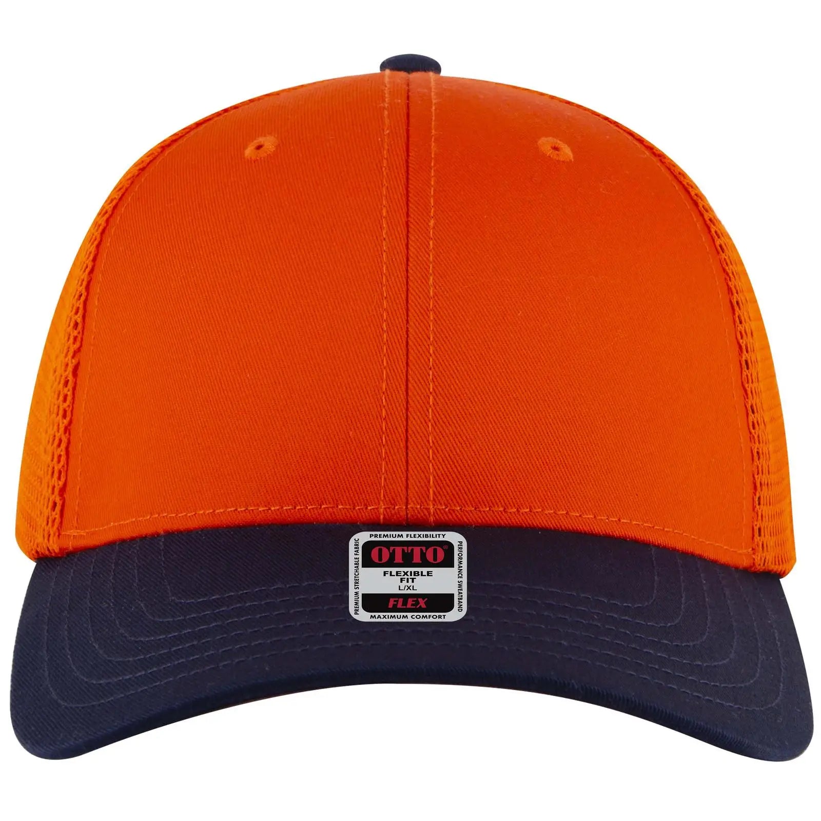 OTTO 135-2 ’OTTO Flex’ Fitted 6 Panel Low Profile Mesh Back Trucker Cap - Nvy/Org/Org