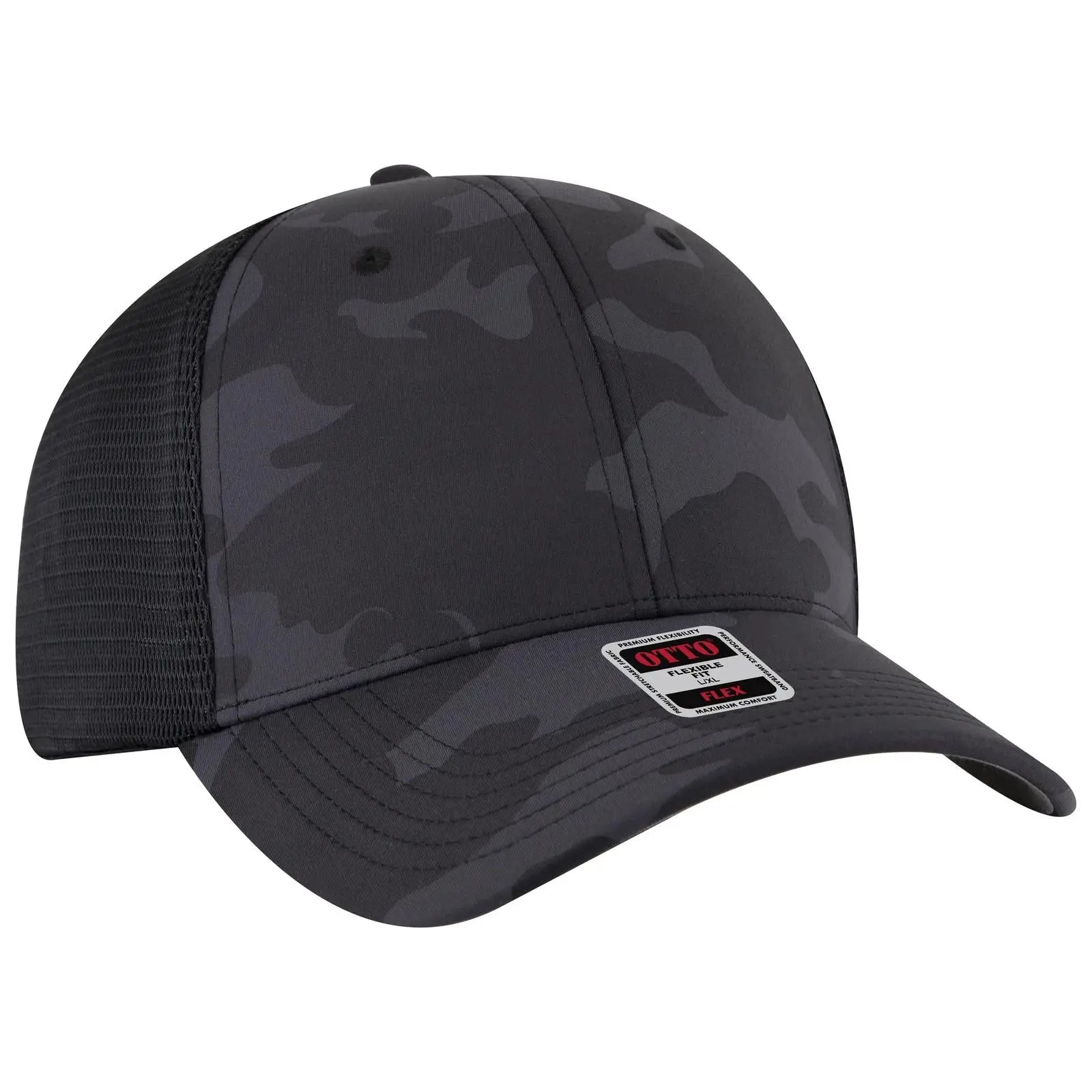 OTTO 135-2 ’OTTO Flex’ Fitted 6 Panel Low Profile Mesh Back Trucker Cap - Ch. Gry/Blk/Blk