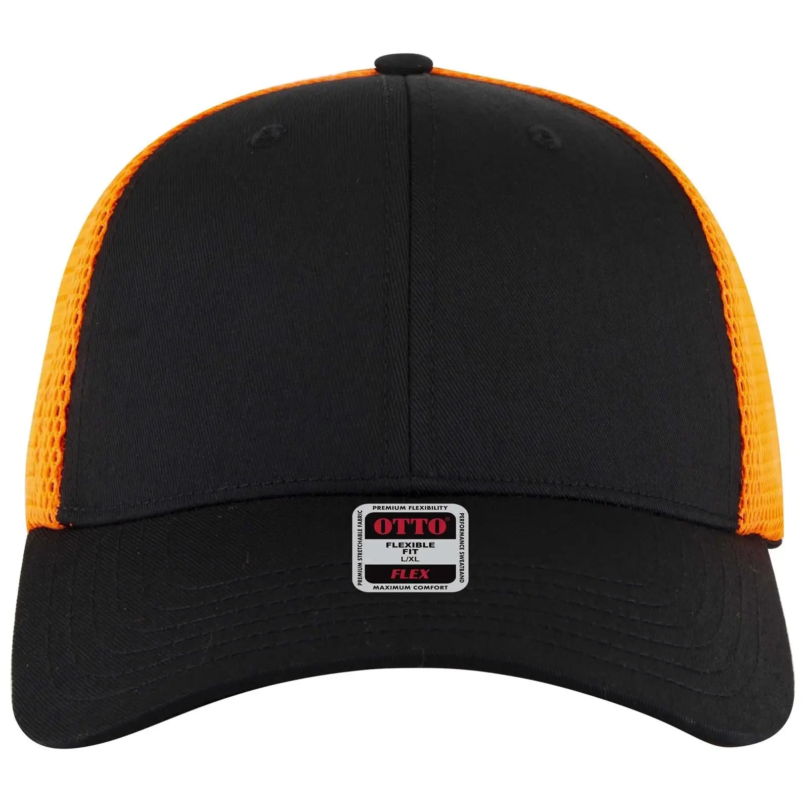 OTTO 135-2 ’OTTO Flex’ Fitted 6 Panel Low Profile Mesh Back Trucker Cap - Blk/Blk/N Org