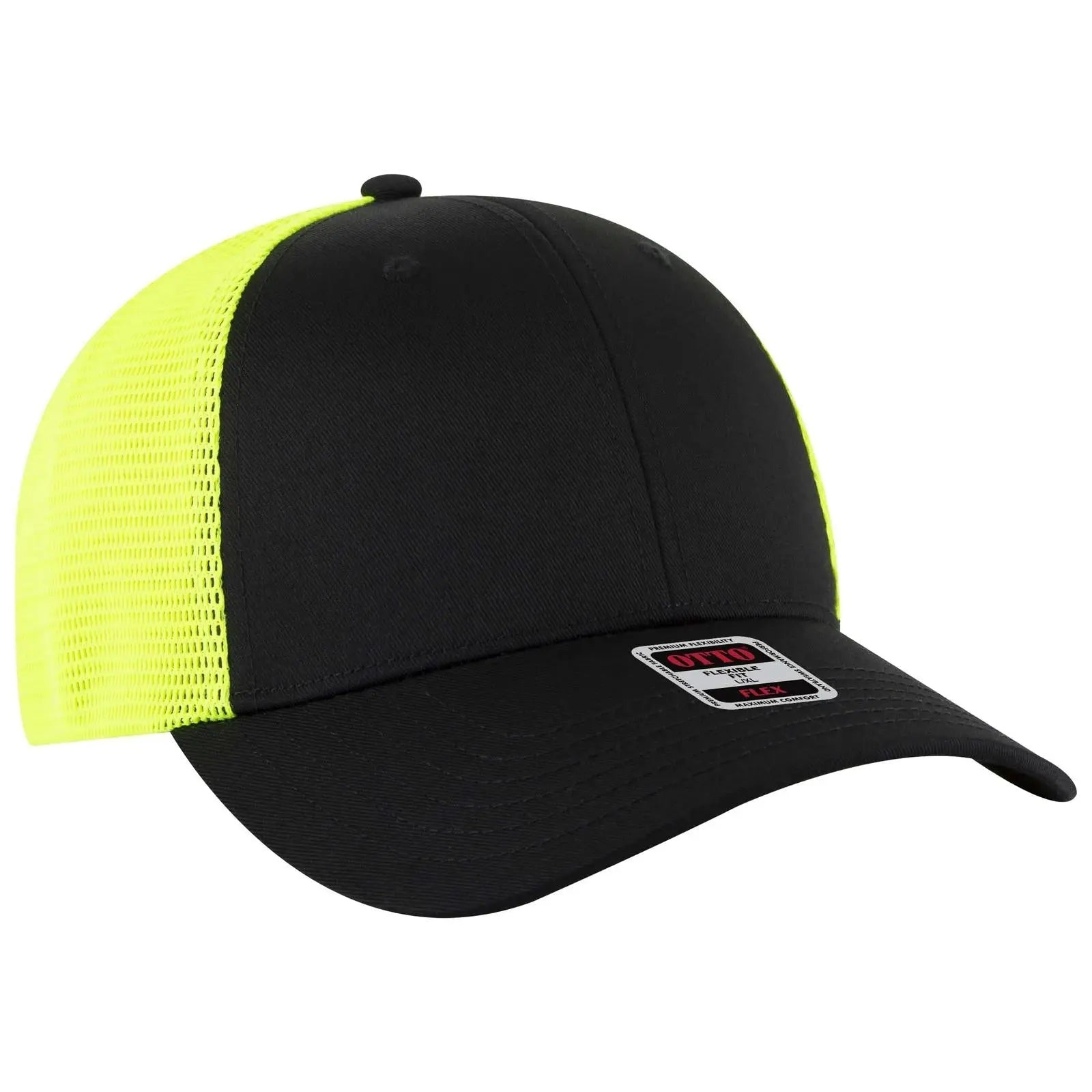 OTTO 135-2 ’OTTO Flex’ Fitted 6 Panel Low Profile Mesh Back Trucker Cap - Blk/Blk/N.Ylw