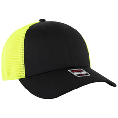 OTTO 135-2 ’OTTO Flex’ Fitted 6 Panel Low Profile Mesh Back Trucker Cap - Blk/Blk/N.Ylw