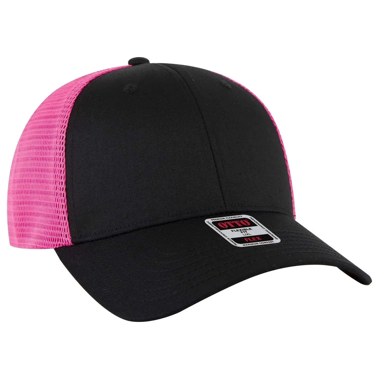 OTTO 135-2 ’OTTO Flex’ Fitted 6 Panel Low Profile Mesh Back Trucker Cap - Blk/Blk/N.Pnk