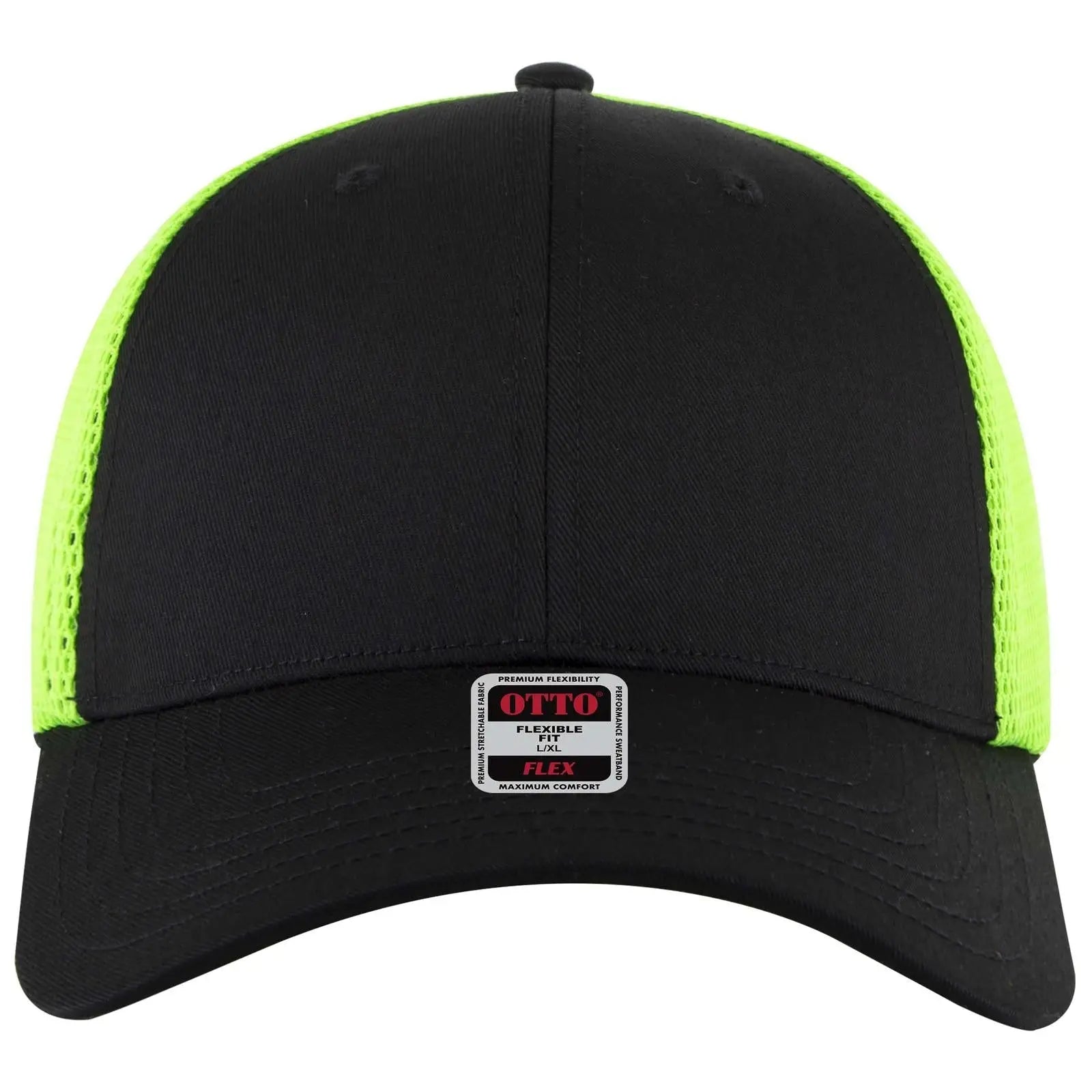 OTTO 135-2 ’OTTO Flex’ Fitted 6 Panel Low Profile Mesh Back Trucker Cap - Blk/Blk/N.Grn