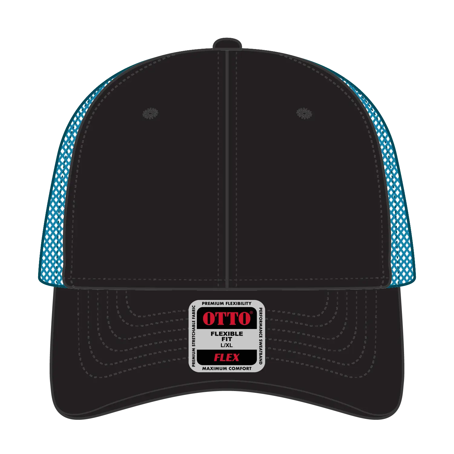 OTTO 135-2 ’OTTO Flex’ Fitted 6 Panel Low Profile Mesh Back Trucker Cap - Blk/Blk/N.Blue - Blk/Blk/N.Blue / 7 3/8’’ - 7