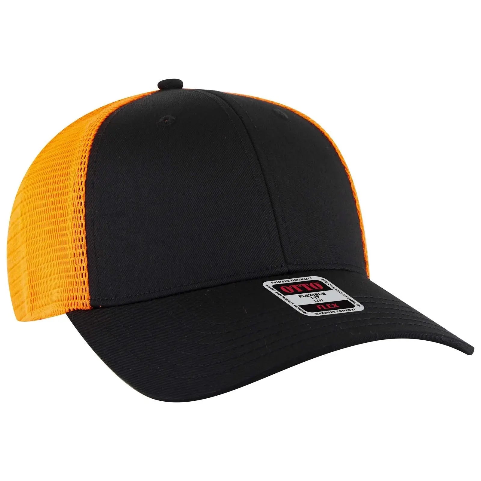 OTTO 135-2 ’OTTO Flex’ Fitted 6 Panel Low Profile Mesh Back Trucker Cap - Blk/Blk/N Org