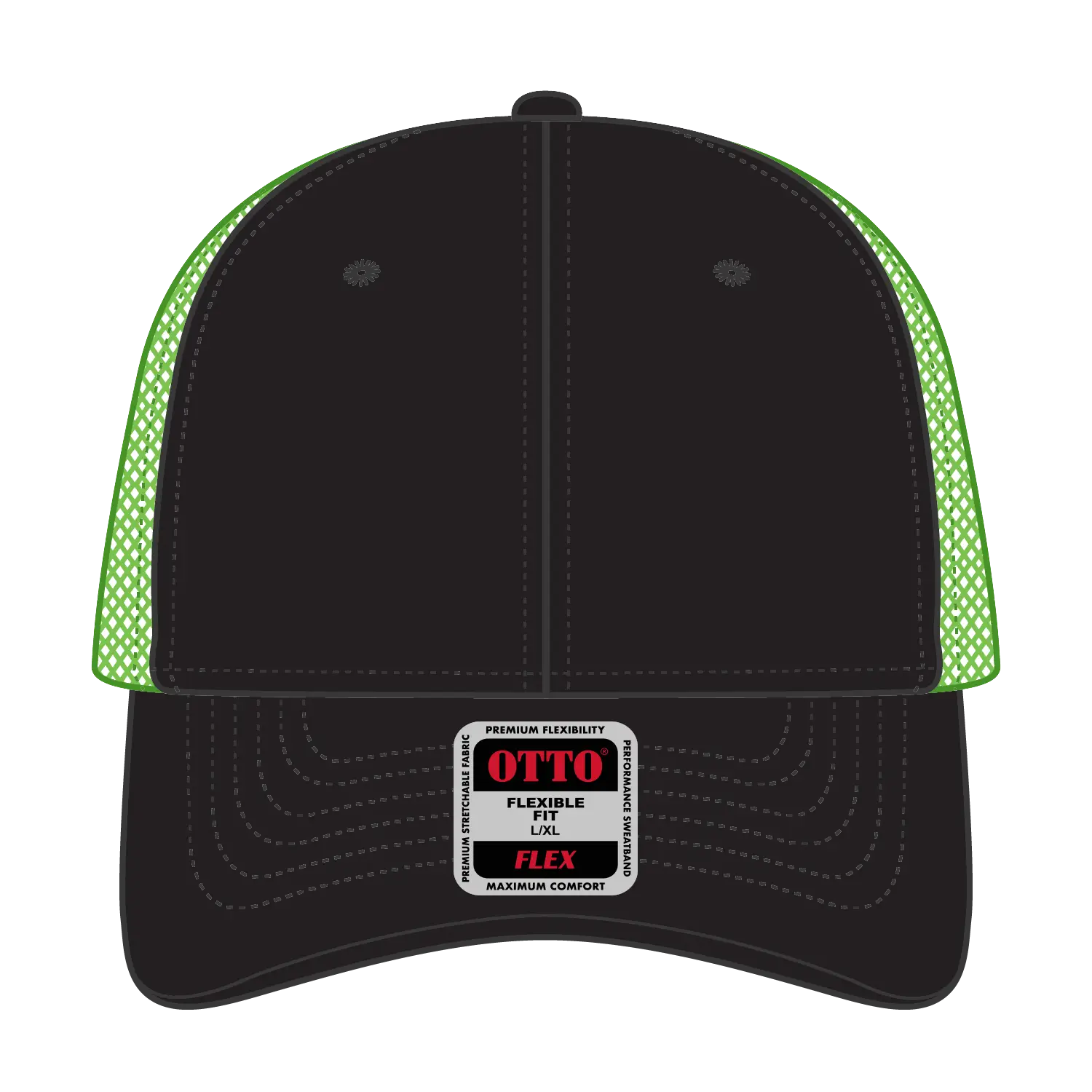 OTTO 135-2 ’OTTO Flex’ Fitted 6 Panel Low Profile Mesh Back Trucker Cap - Blk/Blk/N.Grn - Blk/Blk/N.Grn / 7 3/8’’ - 7
