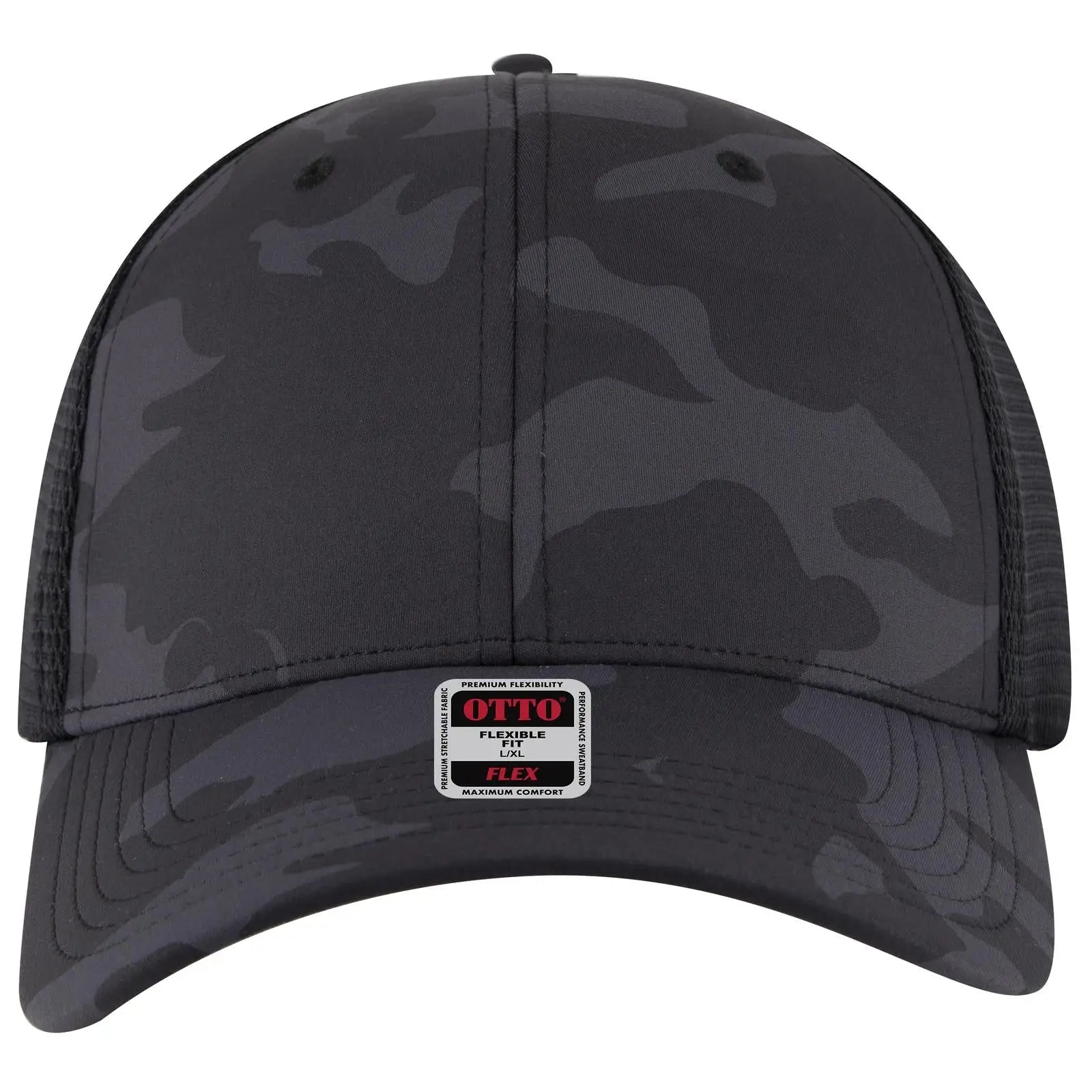 OTTO 135-2 ’OTTO Flex’ Fitted 6 Panel Low Profile Mesh Back Trucker Cap - Ch. Gry/Blk/Blk