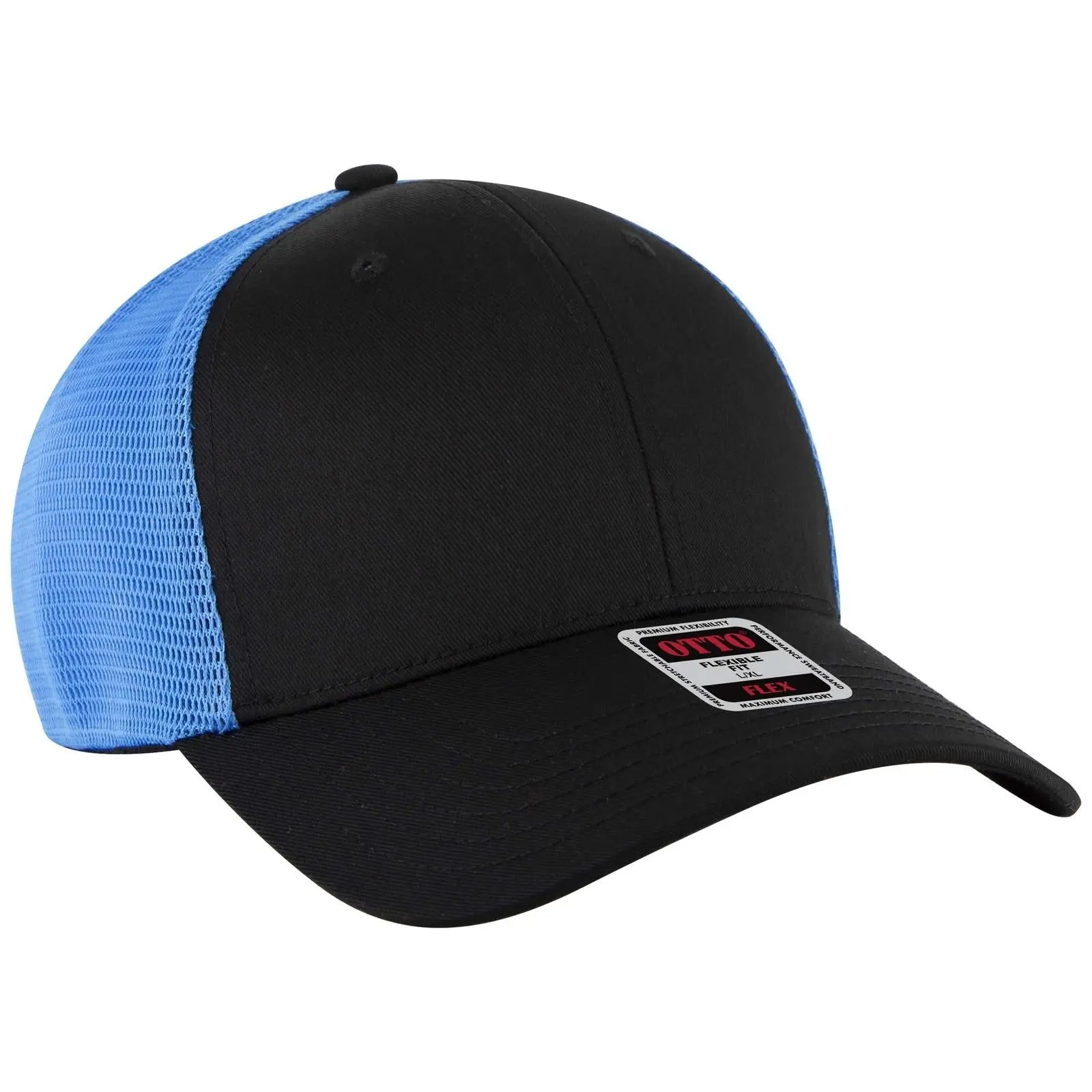 OTTO 135-2 ’OTTO Flex’ Fitted 6 Panel Low Profile Mesh Back Trucker Cap - Blk/Blk/N.Blue