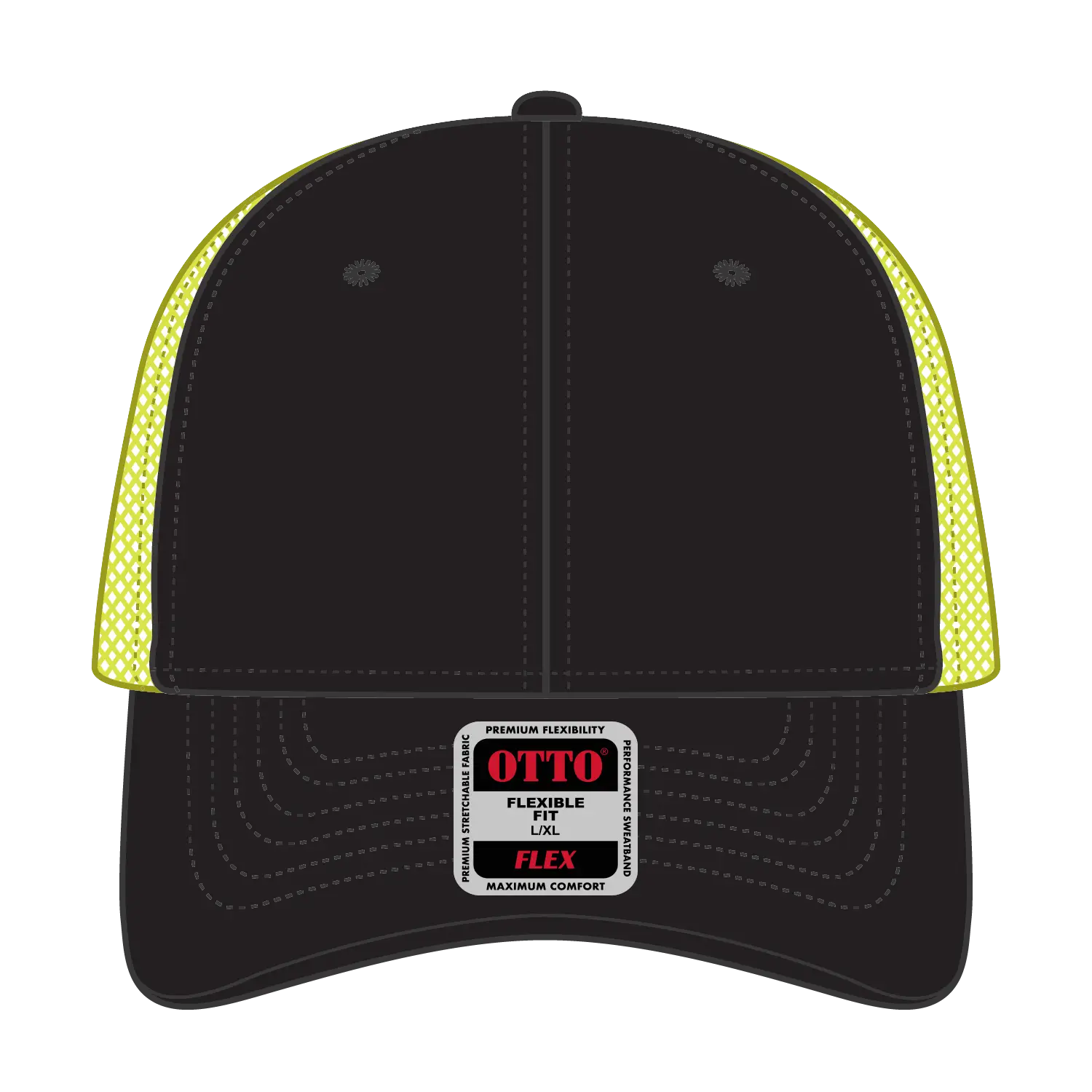 OTTO 135-2 ’OTTO Flex’ Fitted 6 Panel Low Profile Mesh Back Trucker Cap - Blk/Blk/N.Ylw - Blk/Blk/N.Ylw / 7 3/8’’ - 7