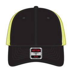 OTTO 135-2 ’OTTO Flex’ Fitted 6 Panel Low Profile Mesh Back Trucker Cap - Blk/Blk/N.Ylw - Blk/Blk/N.Ylw / 7 3/8’’ - 7