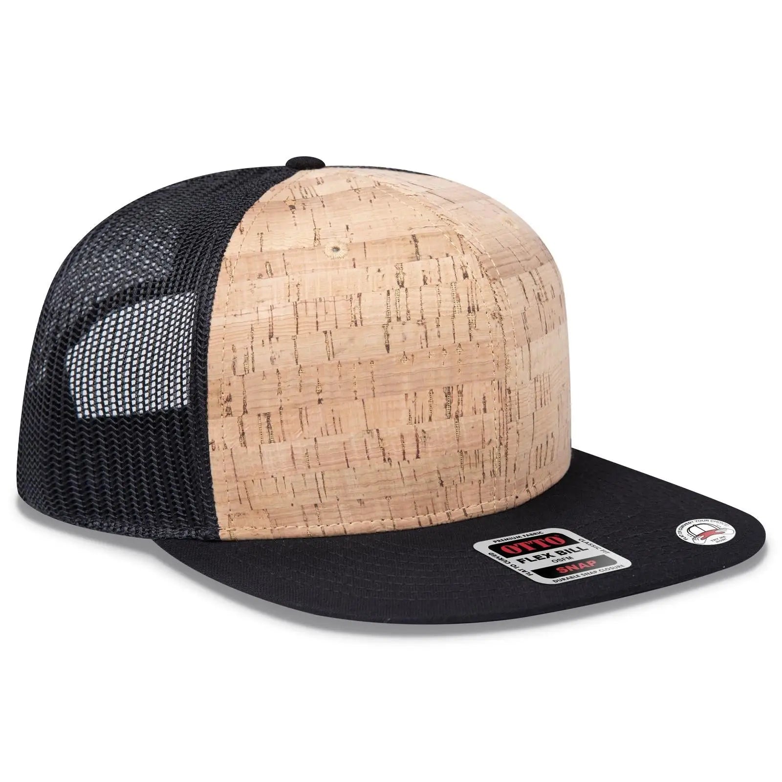 OTTO 141-1070 ’OTTO Snap’ 6 Panel Pro Style Mesh Back Trucker Snapback Cap - Blk/Cork/Blk - Blk/Cork/Blk / 6 1/2’’ - 7