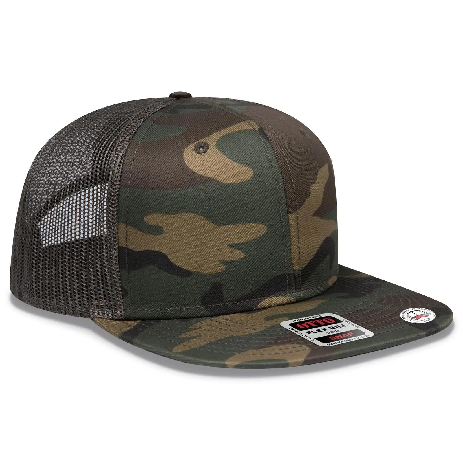 OTTO 141-1070 ’OTTO Snap’ 6 Panel Pro Style Mesh Back Trucker Snapback Cap - Dk.Grn/Brn/Dk.Ol.Grn