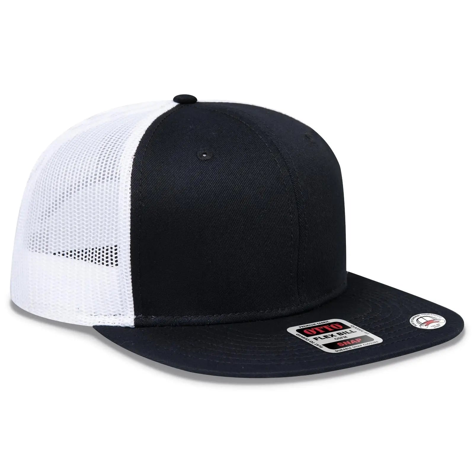 OTTO 141-1070 ’OTTO Snap’ 6 Panel Pro Style Mesh Back Trucker Snapback Cap - Blk/Blk/Wht - Blk/Blk/Wht / 6 1/2’’ - 7