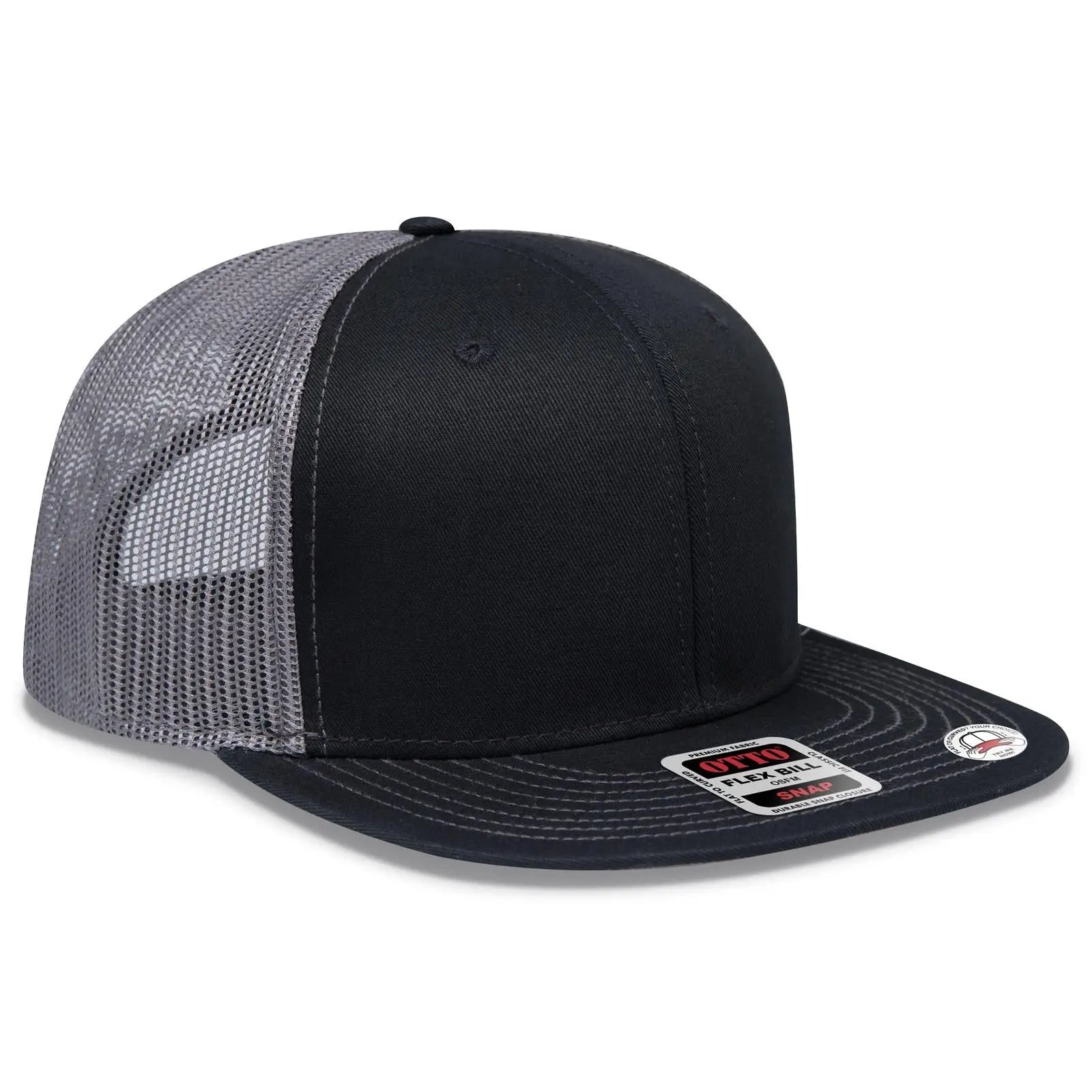 OTTO 141-1070 ’OTTO Snap’ 6 Panel Pro Style Mesh Back Trucker Snapback Cap - Blk/Blk/Ch.Gry - Blk/Blk/Ch.Gry / 6 1/2’’