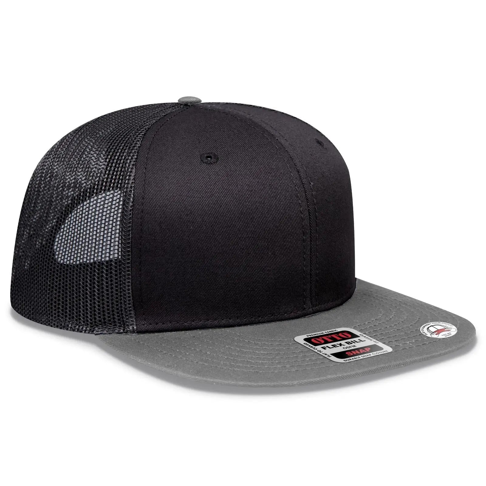 OTTO 141-1070 ’OTTO Snap’ 6 Panel Pro Style Mesh Back Trucker Snapback Cap - Gry/Blk/Blk - Gry/Blk/Blk / 6 1/2’’ - 7