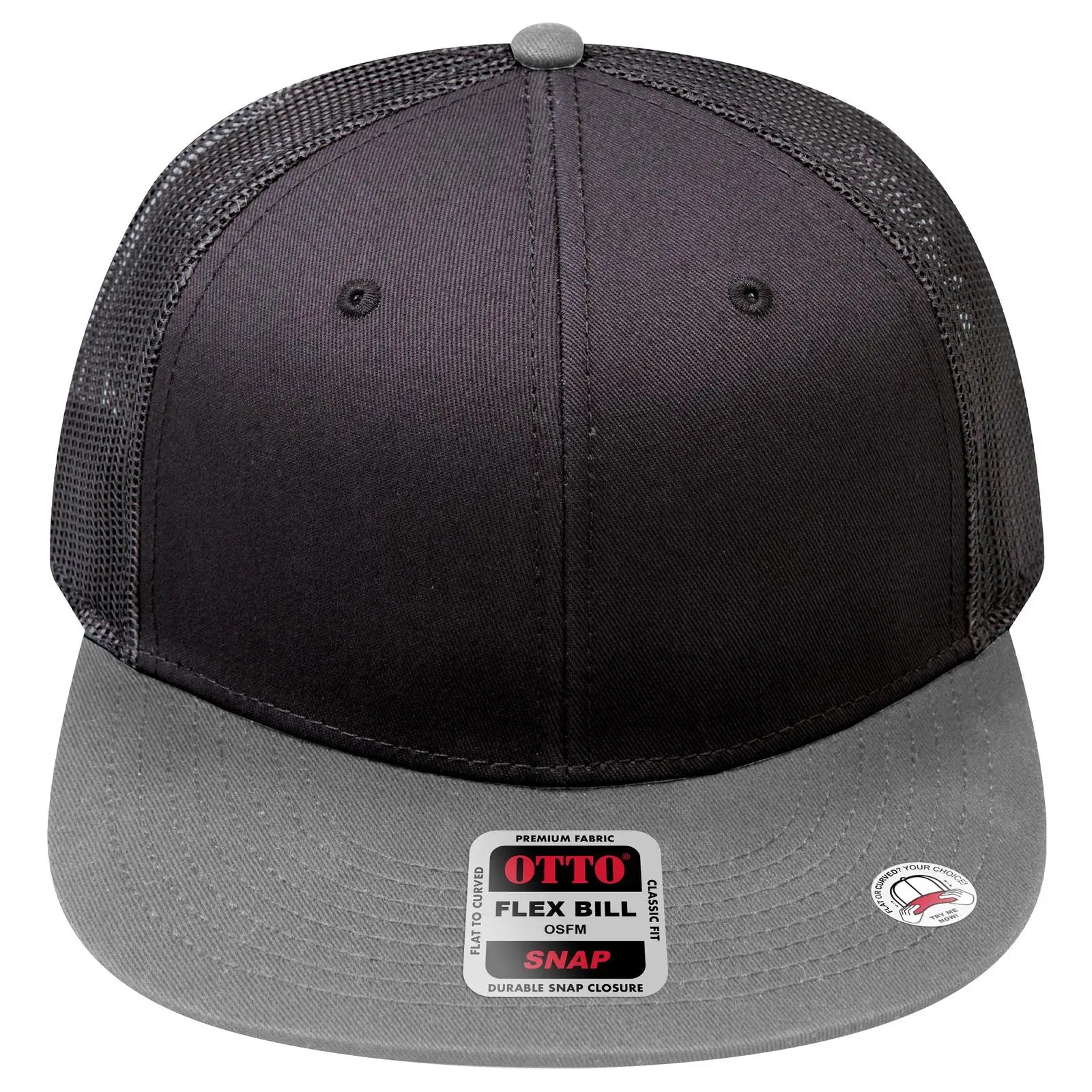 OTTO 141-1070 ’OTTO Snap’ 6 Panel Pro Style Mesh Back Trucker Snapback Cap - Gry/Blk/Blk - Gry/Blk/Blk / 6 1/2’’ - 7