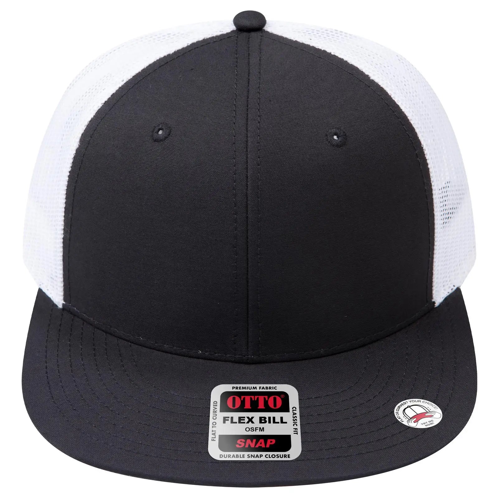 OTTO 141-1070 ’OTTO Snap’ 6 Panel Pro Style Mesh Back Trucker Snapback Cap - Blk/Blk/Wht - Blk/Blk/Wht / 6 1/2’’ - 7