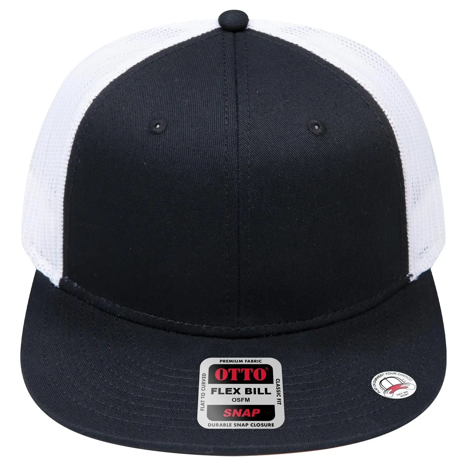 OTTO 141-1070 ’OTTO Snap’ 6 Panel Pro Style Mesh Back Trucker Snapback Cap - Blk/Blk/Wht - Blk/Blk/Wht / 6 1/2’’ - 7