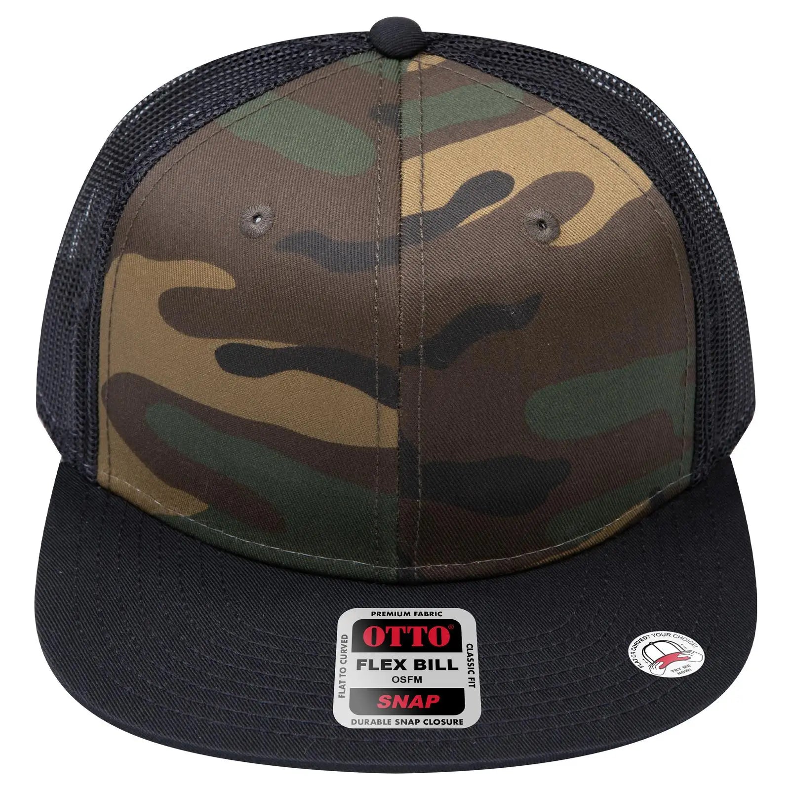 OTTO 141-1070 ’OTTO Snap’ 6 Panel Pro Style Mesh Back Trucker Snapback Cap - Dk.Grn/Brn/Blk - Dk.Grn/Brn/Blk / 6 1/2’’