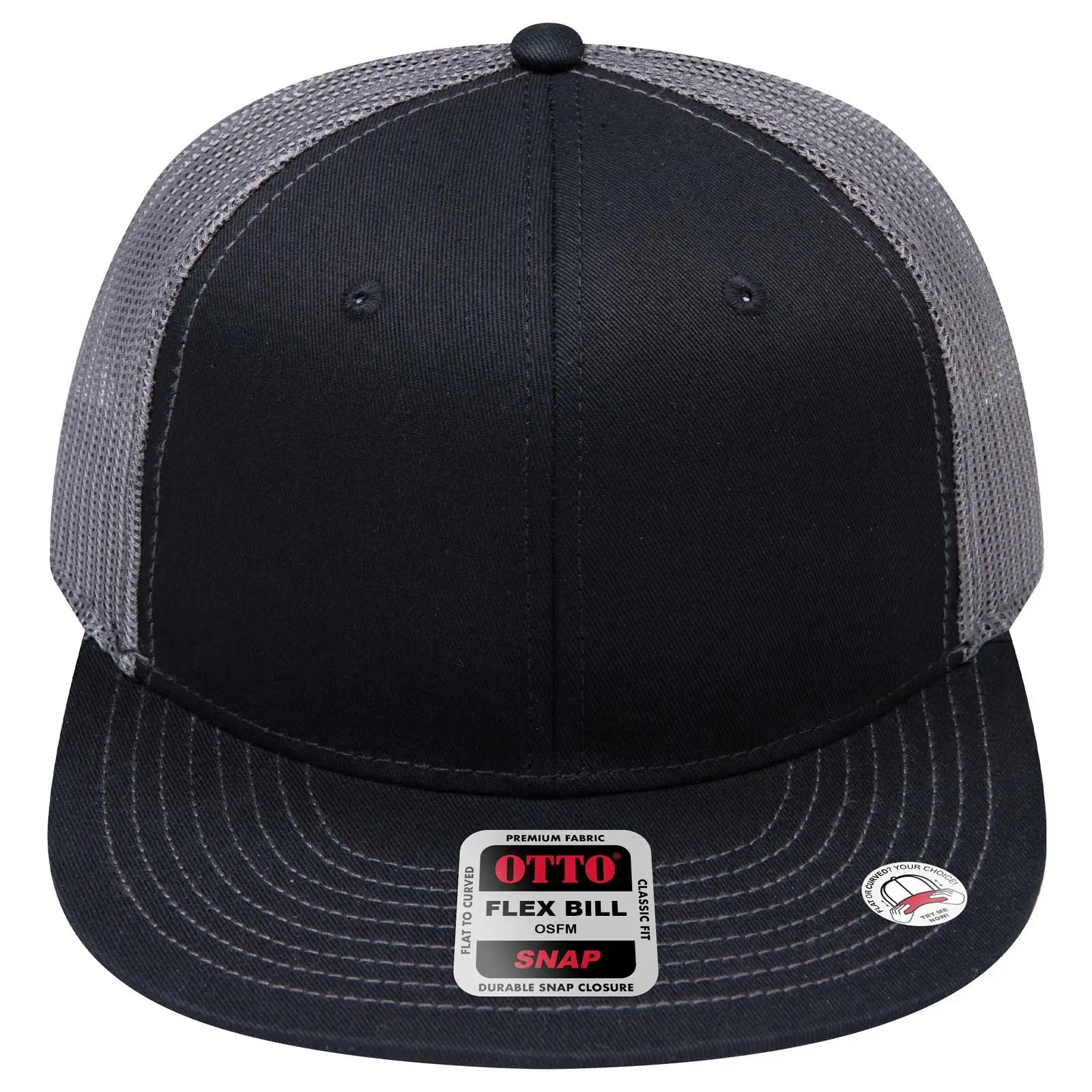 OTTO 141-1070 ’OTTO Snap’ 6 Panel Pro Style Mesh Back Trucker Snapback Cap - Blk/Blk/Ch.Gry - Blk/Blk/Ch.Gry / 6 1/2’’