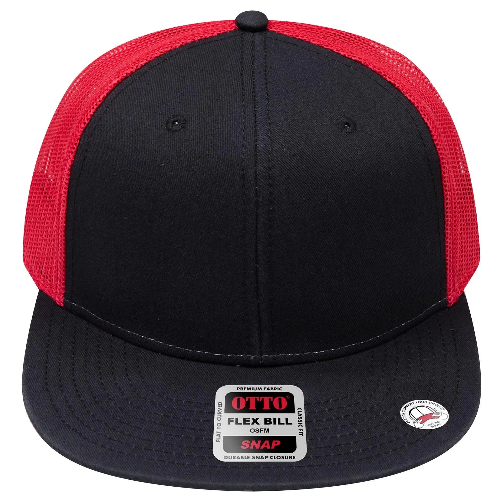 OTTO 141-1070 ’OTTO Snap’ 6 Panel Pro Style Mesh Back Trucker Snapback Cap - Blk/Blk/Red - Blk/Blk/Red / 6 1/2’’ - 7