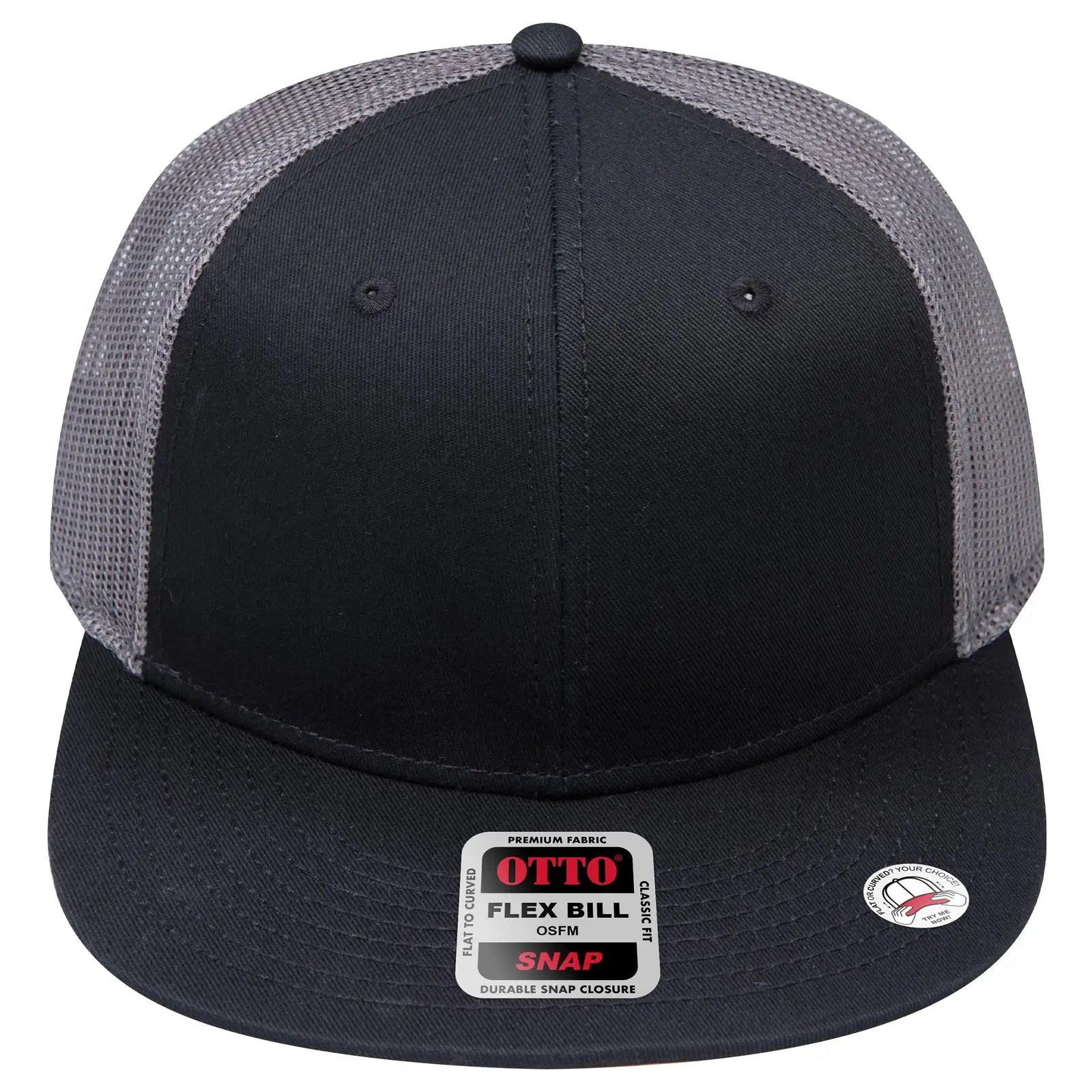 OTTO 141-1070 ’OTTO Snap’ 6 Panel Pro Style Mesh Back Trucker Snapback Cap - Blk/Blk/Ch.Gry - Blk/Blk/Ch.Gry / 6 1/2’’