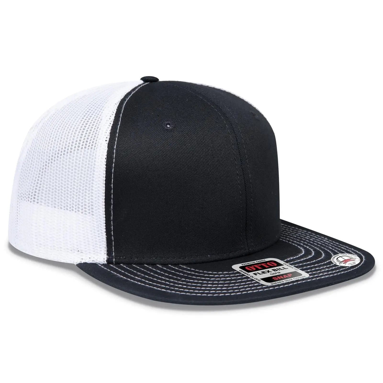 OTTO 141-1070 ’OTTO Snap’ 6 Panel Pro Style Mesh Back Trucker Snapback Cap - Blk/Blk/Wht - Blk/Blk/Wht / 6 1/2’’ - 7