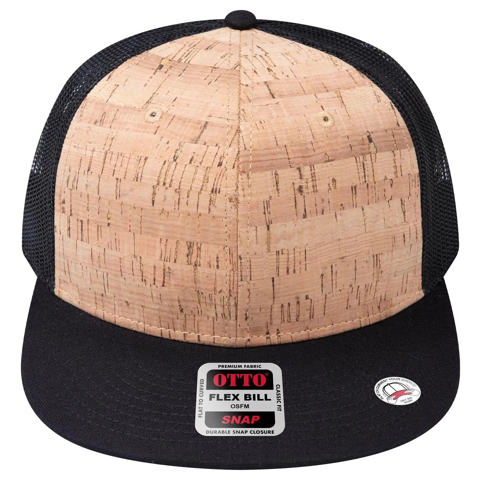 OTTO 141-1070 ’OTTO Snap’ 6 Panel Pro Style Mesh Back Trucker Snapback Cap - Blk/Cork/Blk - Blk/Cork/Blk / 6 1/2’’ - 7