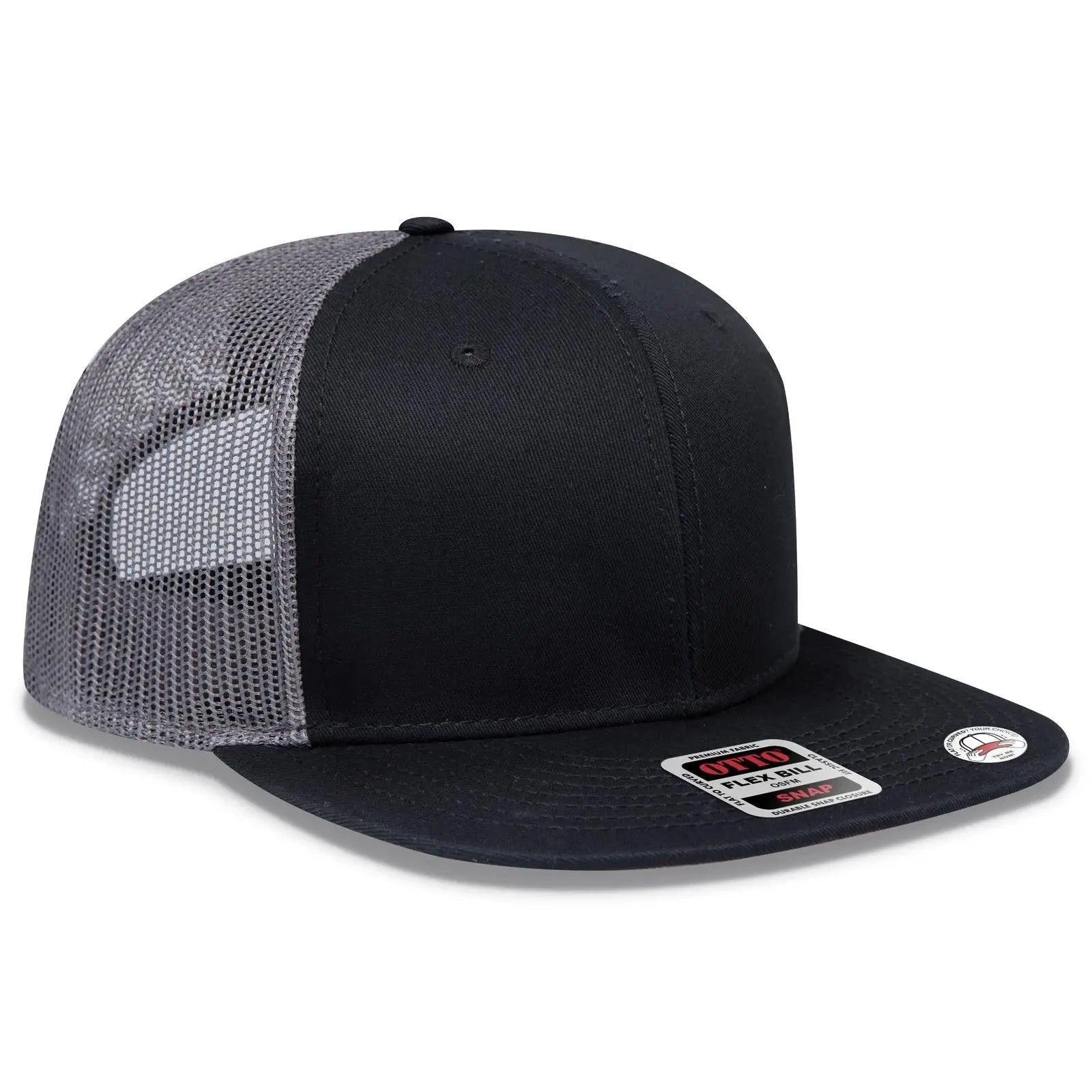 OTTO 141-1070 ’OTTO Snap’ 6 Panel Pro Style Mesh Back Trucker Snapback Cap - Blk/Blk/Ch.Gry - Blk/Blk/Ch.Gry / 6 1/2’’