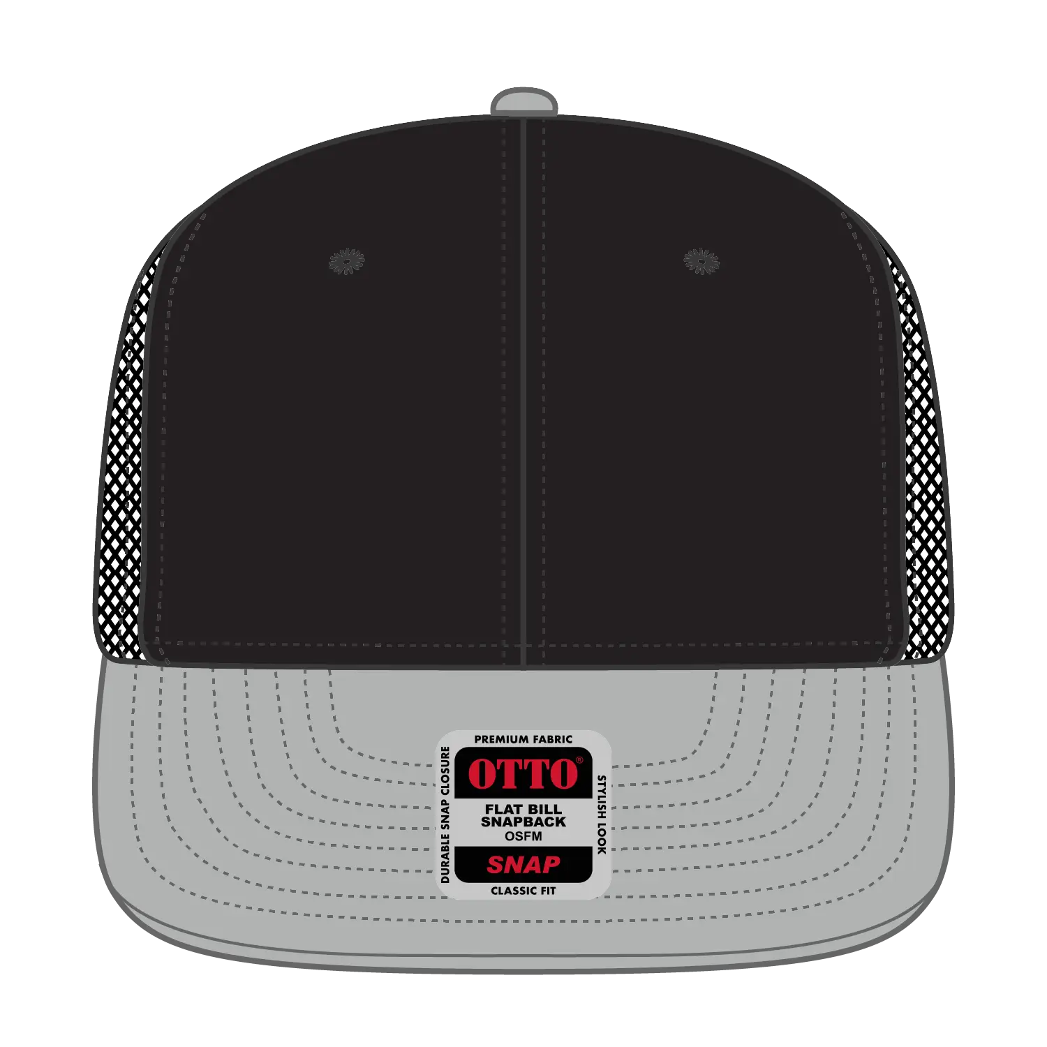 OTTO 141-1070 ’OTTO Snap’ 6 Panel Pro Style Mesh Back Trucker Snapback Cap - Gry/Blk/Blk - Gry/Blk/Blk / 6 1/2’’ - 7
