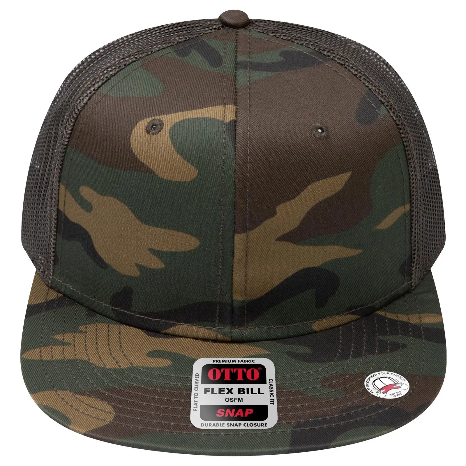 OTTO 141-1070 ’OTTO Snap’ 6 Panel Pro Style Mesh Back Trucker Snapback Cap - Dk.Grn/Brn/Dk.Ol.Grn