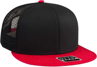 OTTO 141 1070 Superior Cotton Twill Round Flat Visor 6 Panel Pro Style Mesh Back Trucker Snapback Hat Red Black Black