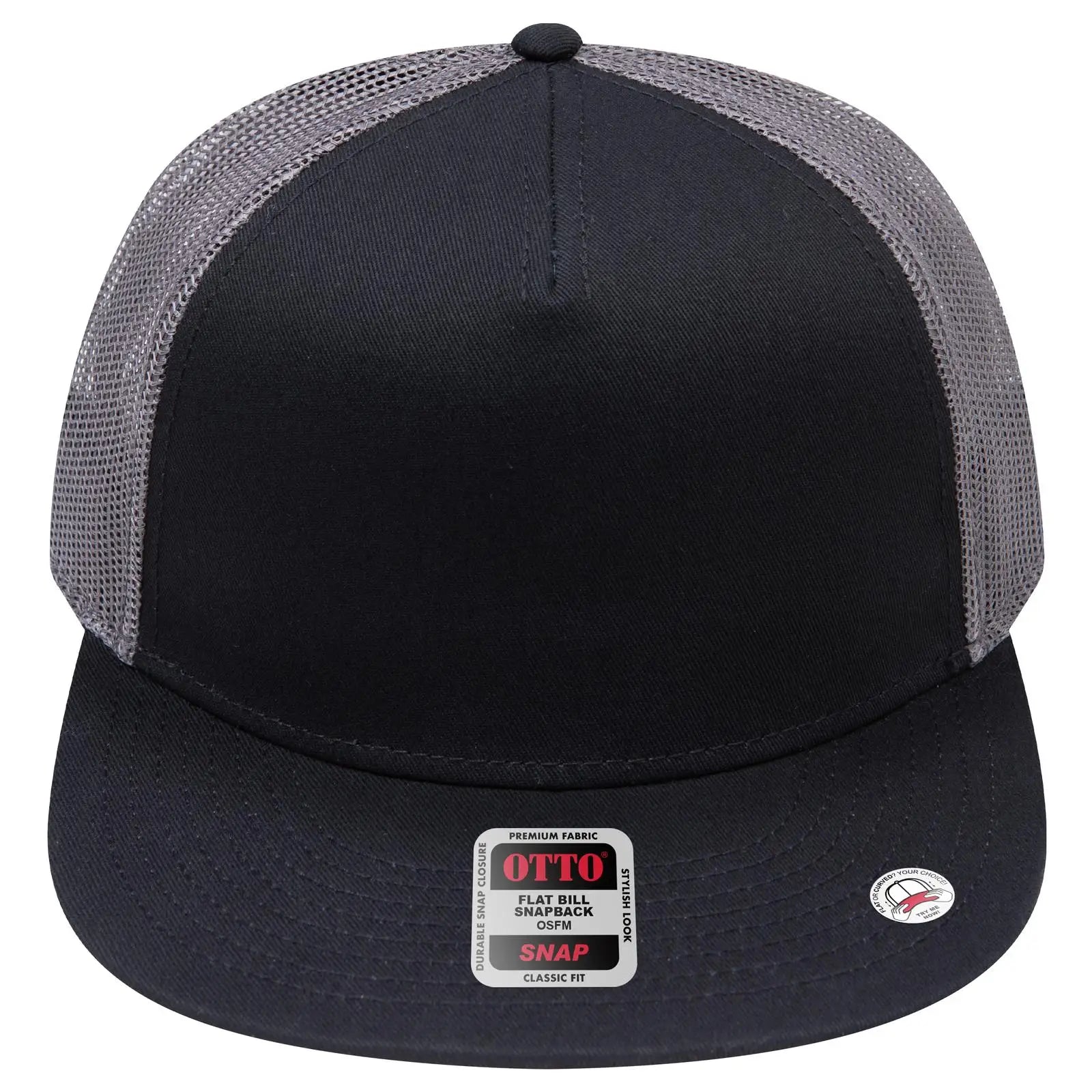 OTTO 154-1124 ’OTTO Snap’ 5 Panel Pro Style Mesh Back Trucker Snapback Cap - Blk/Blk/Ch.Gry - Blk/Blk/Ch.Gry / 6 1/2’’