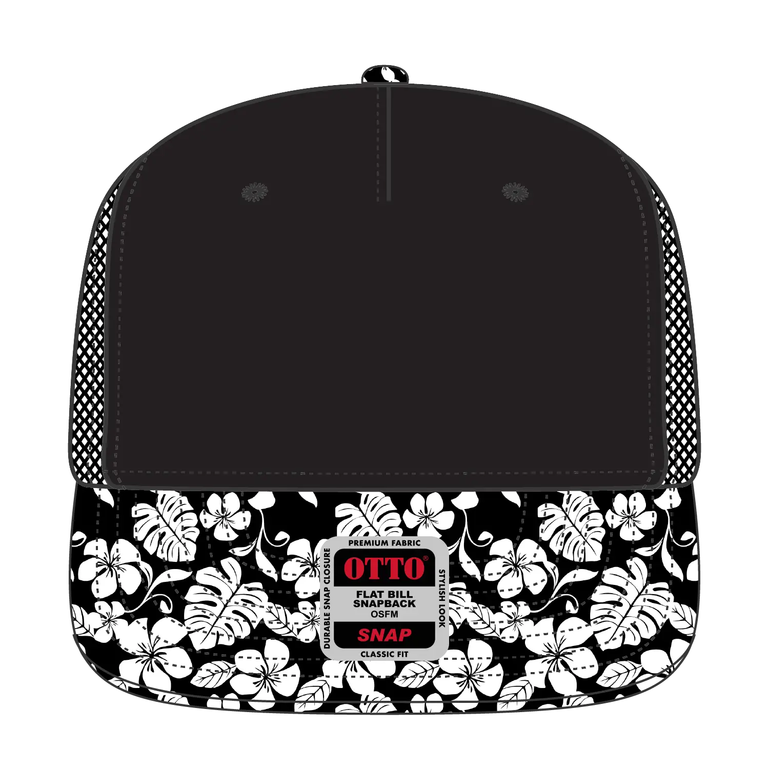 OTTO 154-1124 ’OTTO Snap’ 5 Panel Pro Style Mesh Back Trucker Snapback Cap - Design002/Blk/Blk - Design002/Blk/Blk / 6