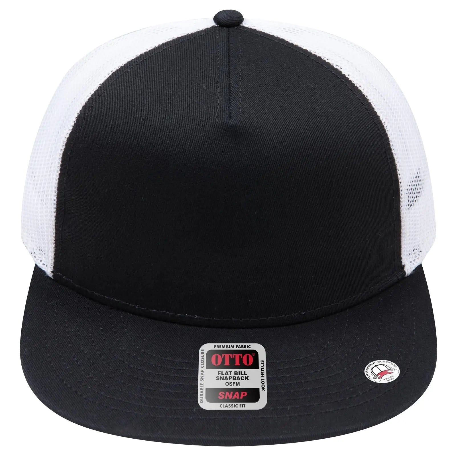 OTTO 154-1124 ’OTTO Snap’ 5 Panel Pro Style Mesh Back Trucker Snapback Cap - Blk/Blk/Wht - Blk/Blk/Wht / 6 1/2’’ - 7
