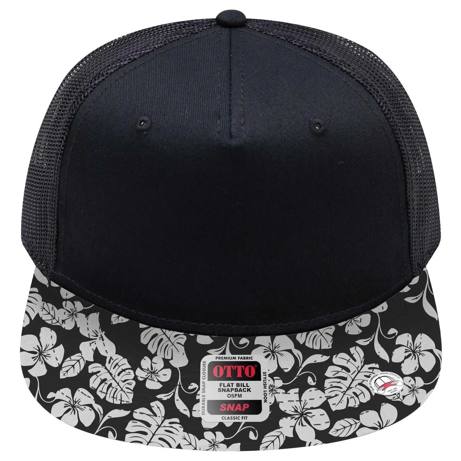 OTTO 154-1124 ’OTTO Snap’ 5 Panel Pro Style Mesh Back Trucker Snapback Cap - Design002/Blk/Blk - Design002/Blk/Blk / 6