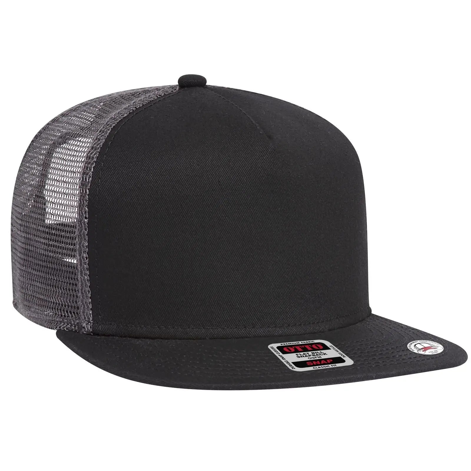 OTTO 154-1124 ’OTTO Snap’ 5 Panel Pro Style Mesh Back Trucker Snapback Cap - Blk/Blk/Ch.Gry - Blk/Blk/Ch.Gry / 6 1/2’’