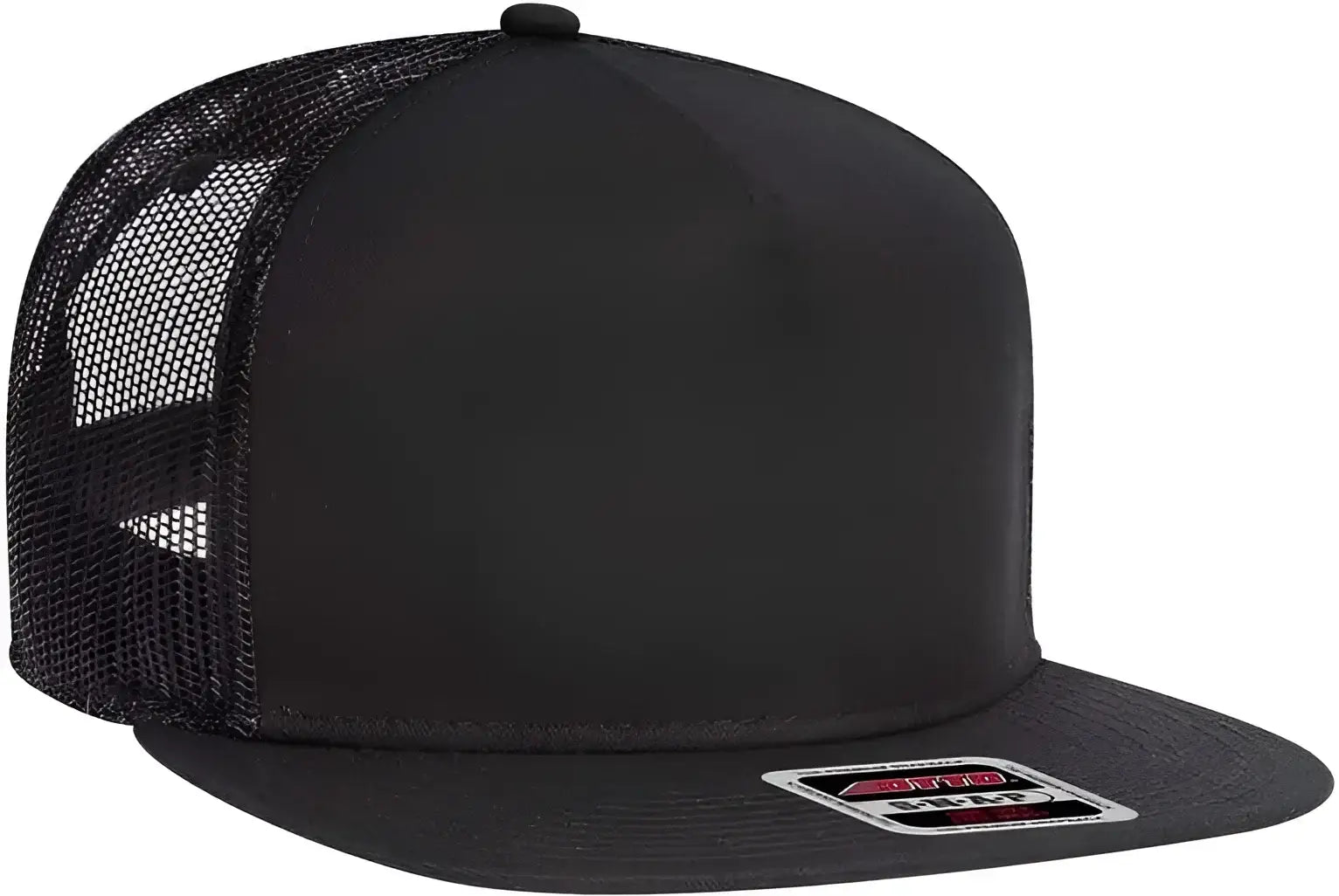 OTTO 154-1124 Superior Cotton Twill Round Flat Visor 5 Panel Pro Style Mesh Back Trucker Snapback Hat - Black - Black