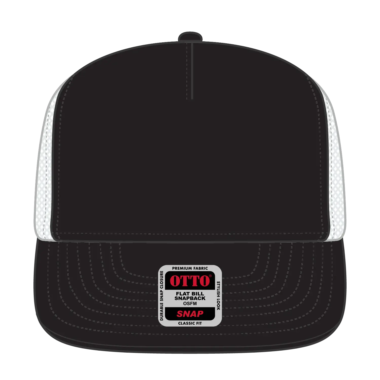 OTTO 154-1174 ’OTTO Snap’ 5 Panel Pro Style Mesh Back Trucker Snapback Cap - Blk/Blk/Wht - Blk/Blk/Wht / 7 3/8’’ - 7