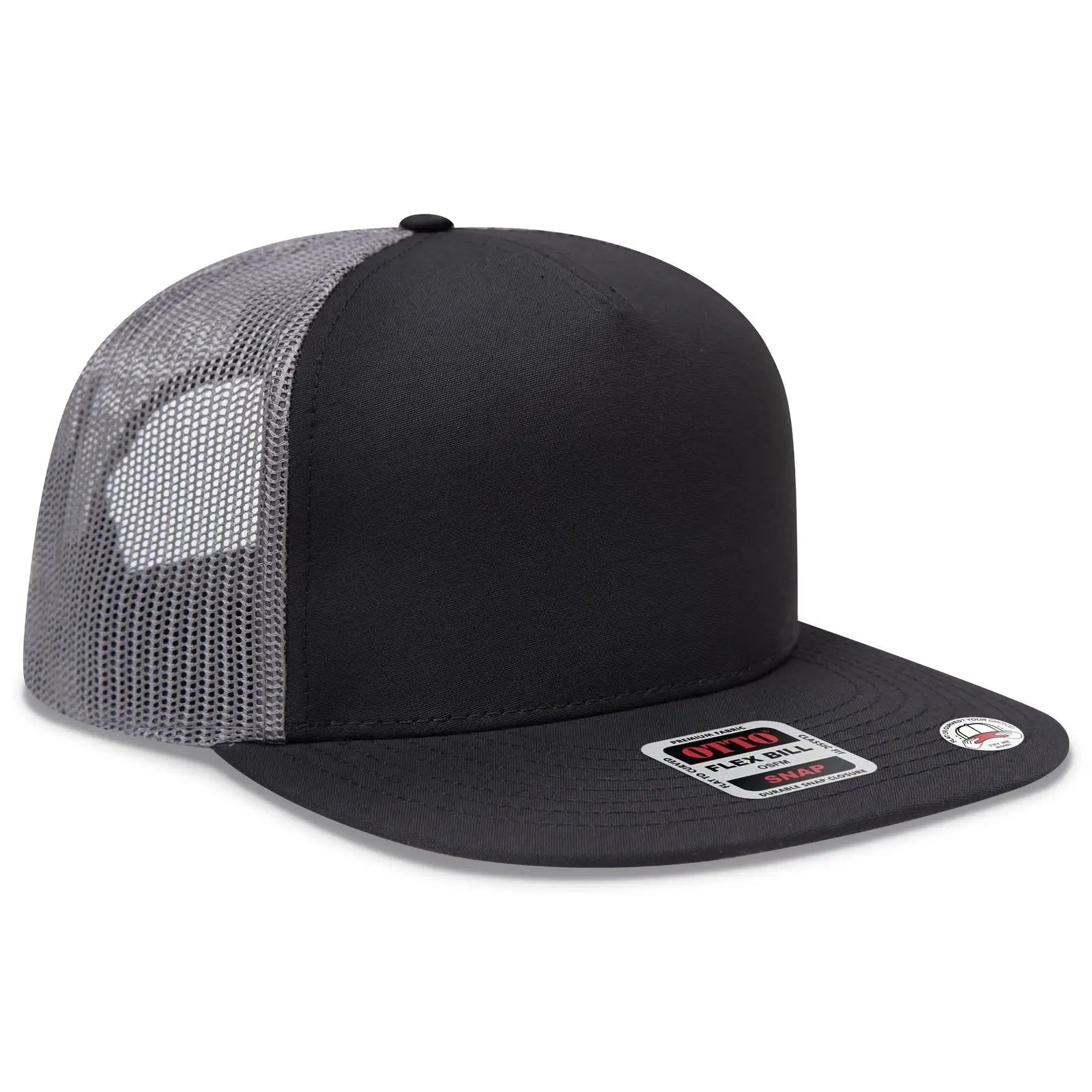 OTTO 154-1174 ’OTTO Snap’ 5 Panel Pro Style Mesh Back Trucker Snapback Cap - Blk/Blk/Ch.Gry - Blk/Blk/Ch.Gry / 7 3/8’’