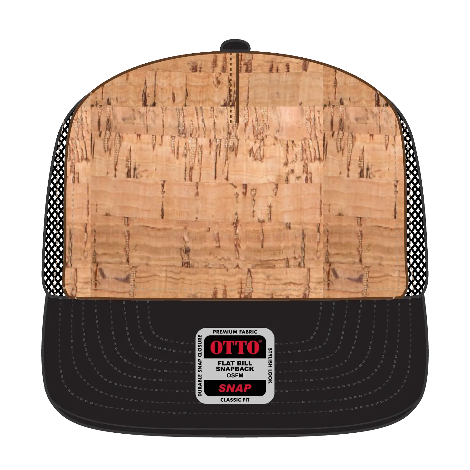OTTO 154-1174 ’OTTO Snap’ 5 Panel Pro Style Mesh Back Trucker Snapback Cap - Blk/Cork/Blk - Blk/Cork/Blk / 7 3/8’’ - 7