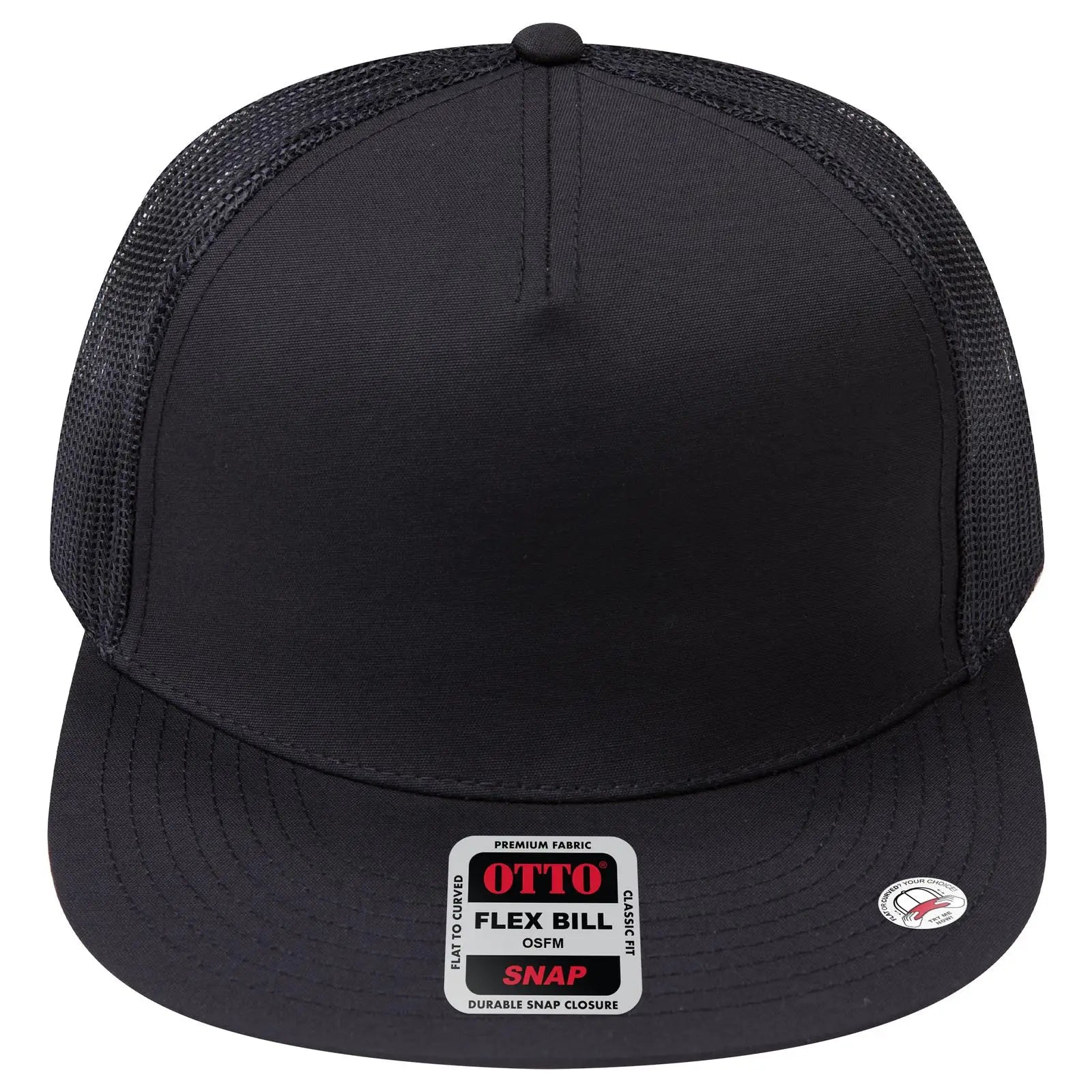 OTTO 154-1174 ’OTTO Snap’ 5 Panel Pro Style Mesh Back Trucker Snapback Cap - Black - Black / 7 3/8’’ - 7 5/8’’