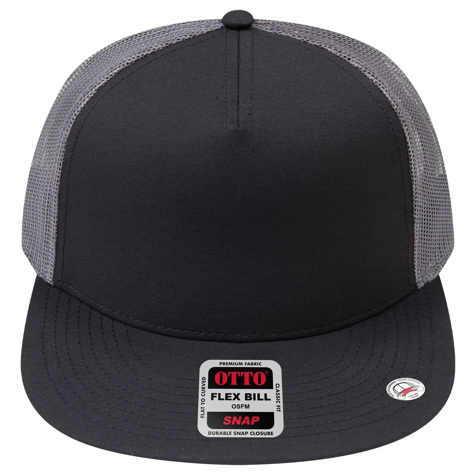OTTO 154-1174 ’OTTO Snap’ 5 Panel Pro Style Mesh Back Trucker Snapback Cap - Blk/Blk/Ch.Gry - Blk/Blk/Ch.Gry / 7 3/8’’
