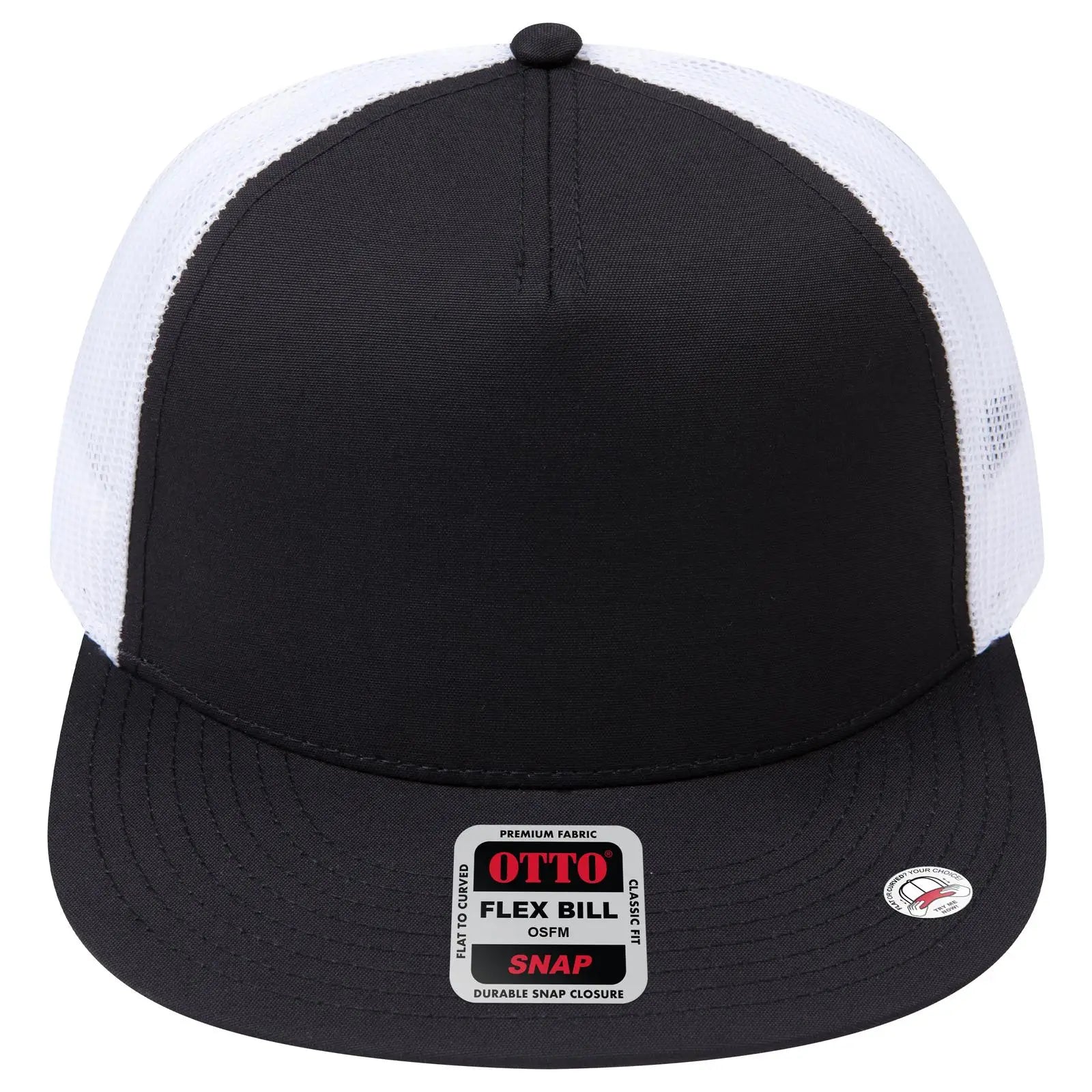 OTTO 154-1174 ’OTTO Snap’ 5 Panel Pro Style Mesh Back Trucker Snapback Cap - Blk/Blk/Wht - Blk/Blk/Wht / 7 3/8’’ - 7