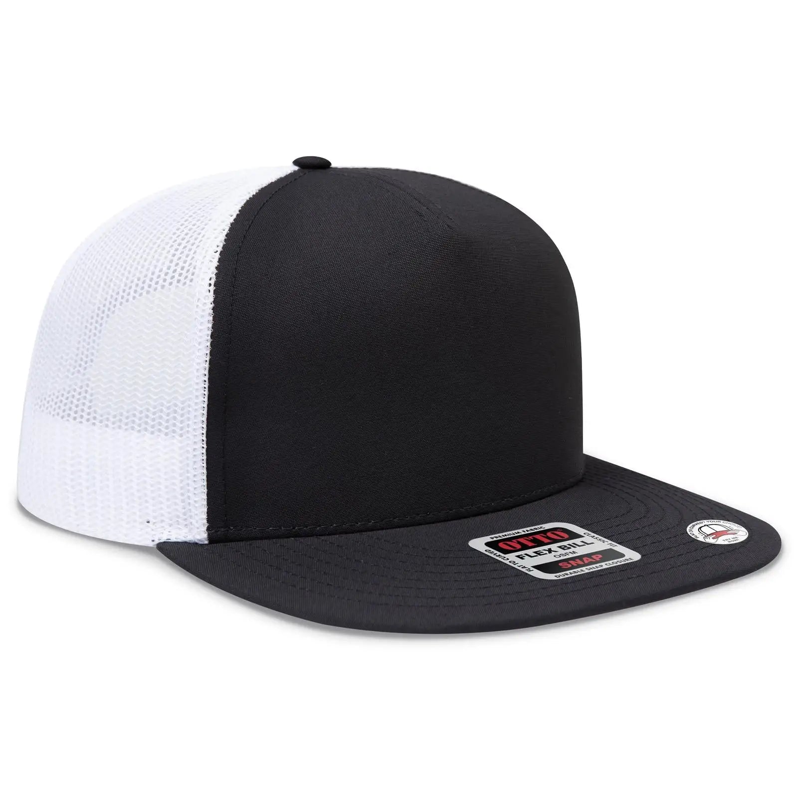 OTTO 154-1174 ’OTTO Snap’ 5 Panel Pro Style Mesh Back Trucker Snapback Cap - Blk/Blk/Wht - Blk/Blk/Wht / 7 3/8’’ - 7