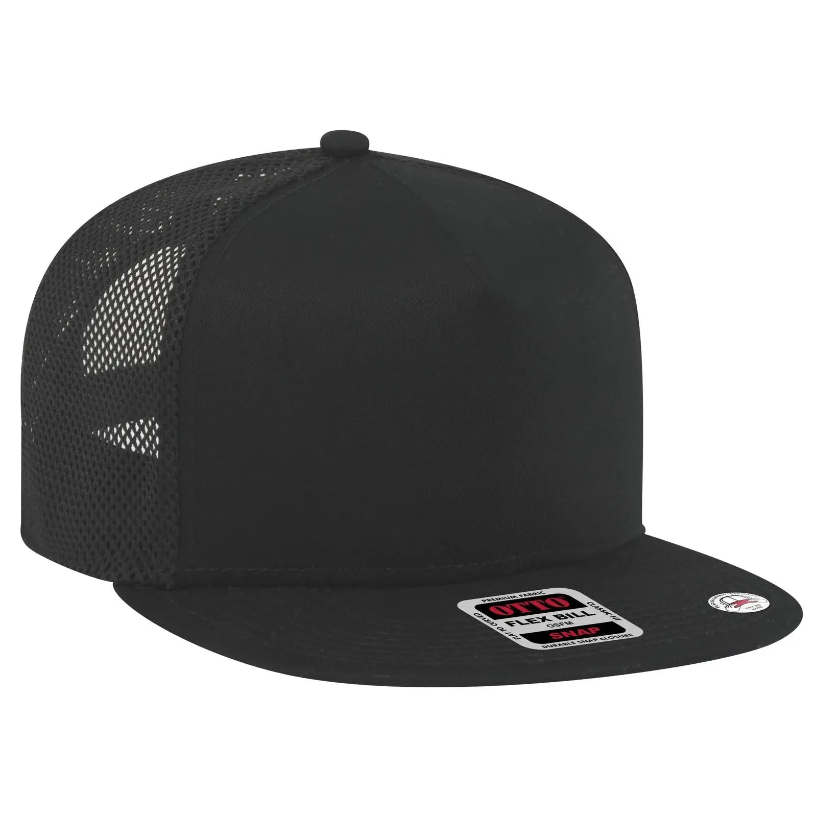 OTTO 164-1209 ’OTTO Snap’ 5 Panel Pro Style Mesh Back Trucker Snapback Cap - Black - Black / 6 1/2’’ - 7 5/8’’